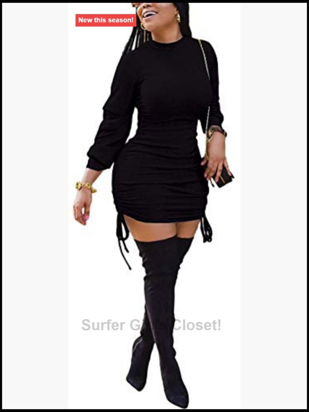 Women Sexy Winter Club Ruched Long Sleeve Drawstring Mini Bodycon Dress - Picture 2 of 4